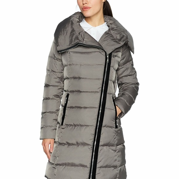 T Tahari Womens Velvet-Trim Asymmetrical Down Coat - Picture 1 of 8